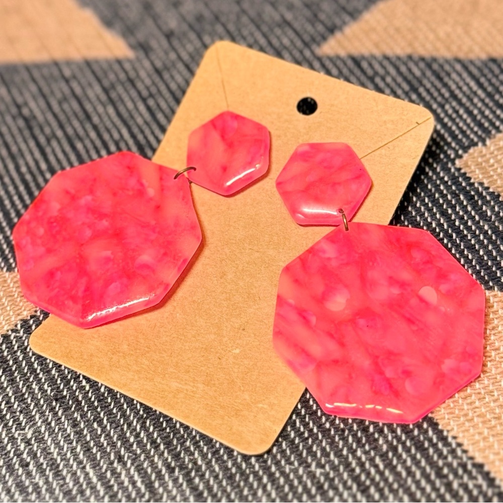 Handmade Clay + Acrylic Earrings - Bright Marbled Pink Geometric Dangle Earrings